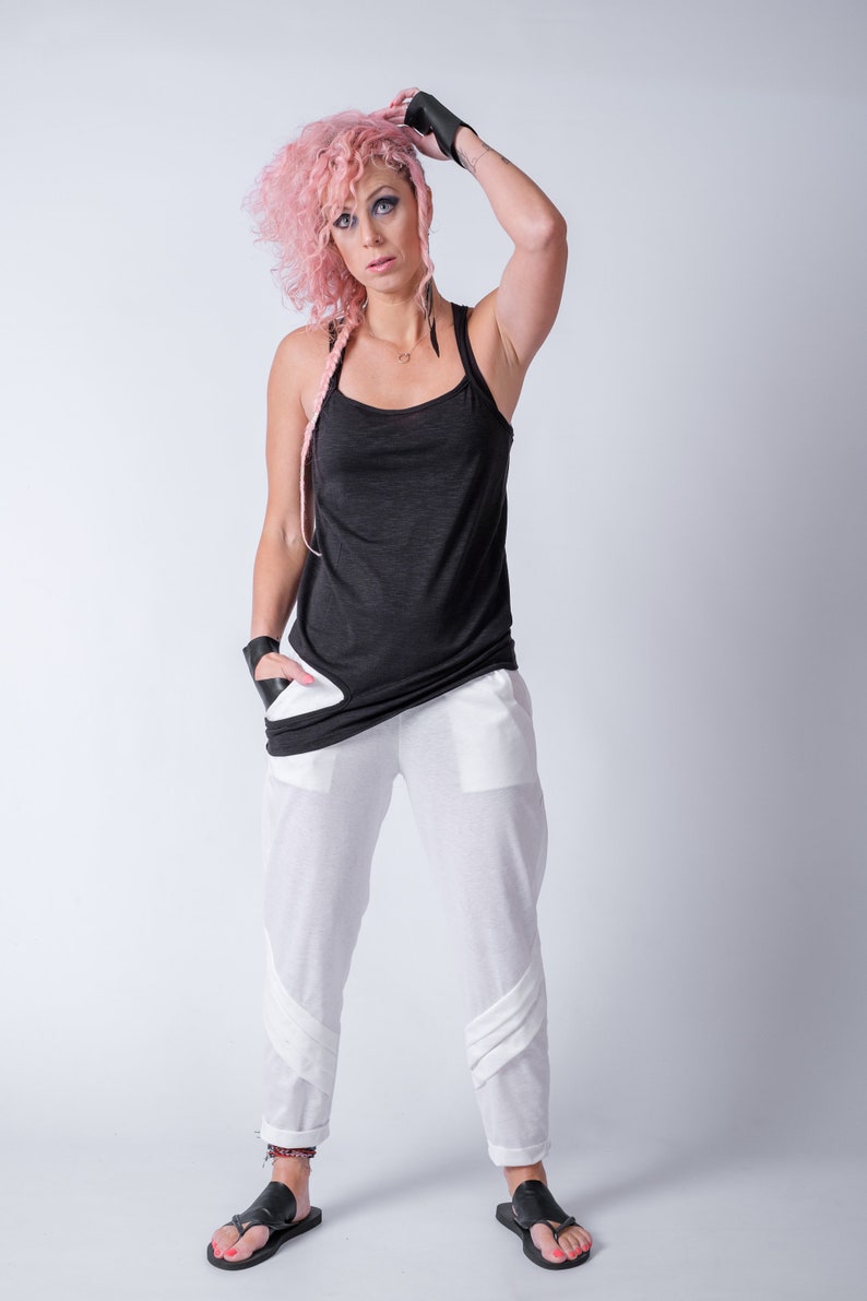Women's cotton straight leg pants/Everyday Pleated Ankle Pants/Women's White Cyberpunk Style Pants image 3