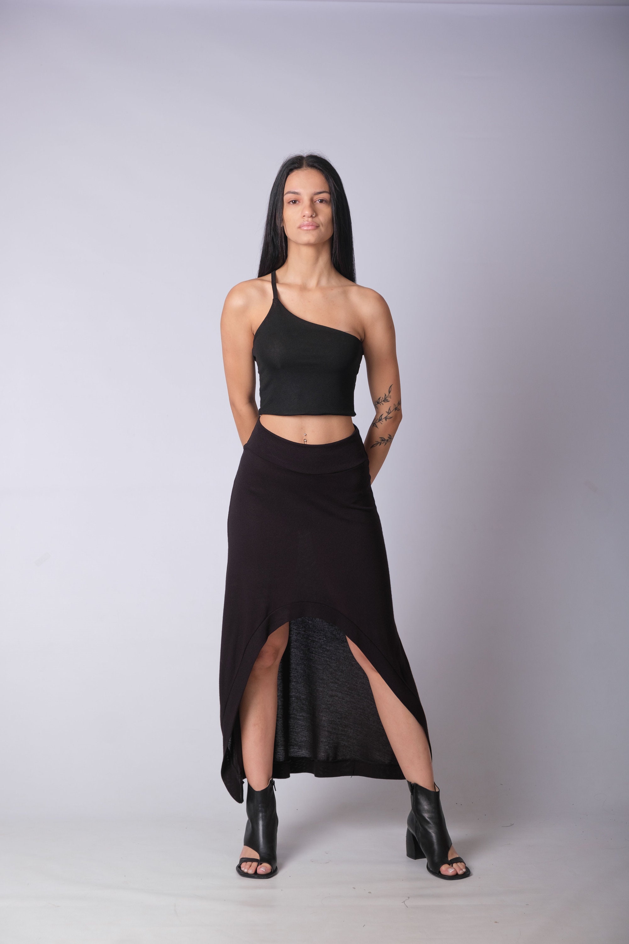 【NONCODE】Hetty Hip Sack Long Skirt Women,s Black High Waisted Soft Heavy Cotton Skirt/elegant