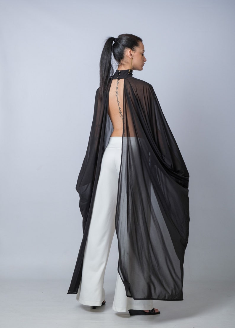 Extravagantes schwarzes durchsichtiges Cape Tunika/Asymmetrisches langes Top/Transparenter Umhang/Turtleneck Bluse/Elegantes rückenfreies Top/Luxus Abend Capelet Bild 1