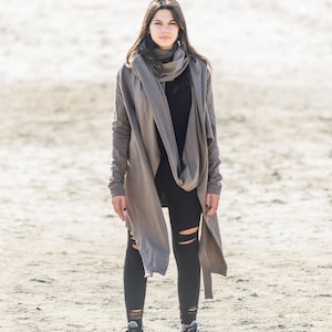 Futuristic Asymmetrical Hooded Jacket/Cyberpunk Jacket With Scarf/Women&#39;s Heavy Cotton Cardigan/Futuristic Clothing