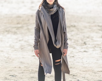 Asymmetrical Hooded Scarf Jacket, Heavy Cotton Cyberpunk Cardigan