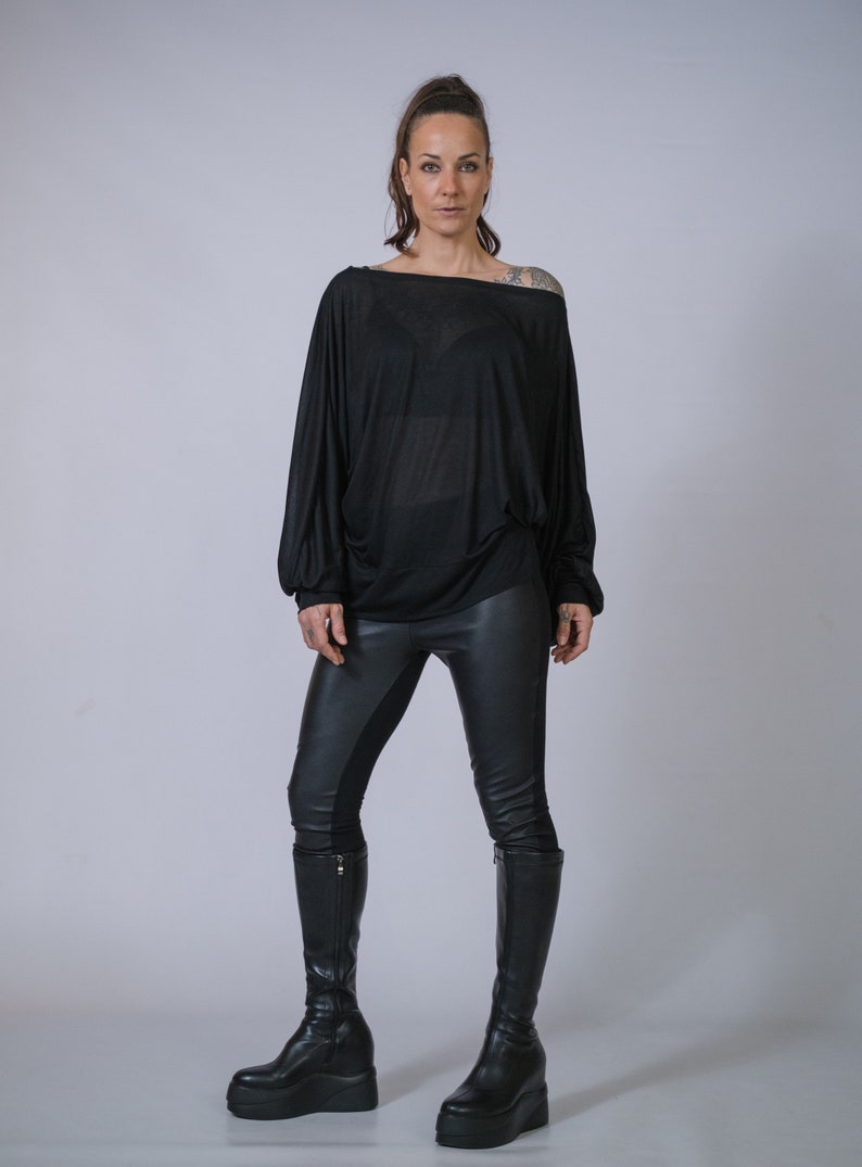 Avant-garde draped long sleeve top, handmade designer style.