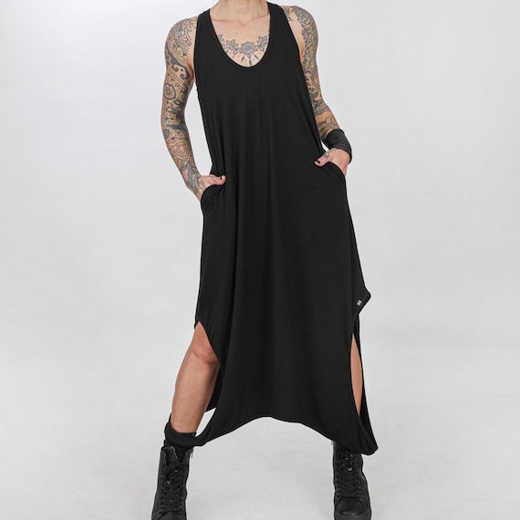 Vestido asimétrico de algodón negro/túnica holgada de gran tamaño