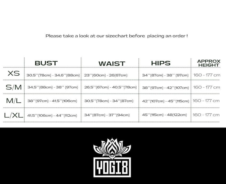 May include: Size chart for clothing with measurements in inches and centimeters. The chart includes sizes XS, S/M, M/L, and L/XL with corresponding bust, waist, hip, and approximate height measurements.