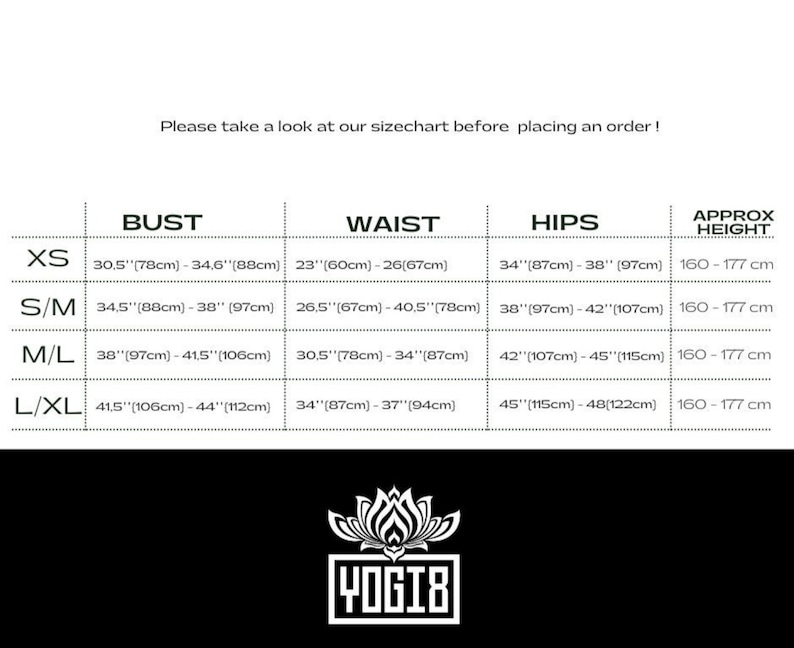 May include: Size chart for clothing with measurements in inches and centimeters. The chart includes sizes XS, S/M, M/L, and L/XL with corresponding bust, waist, hip, and approximate height measurements.
