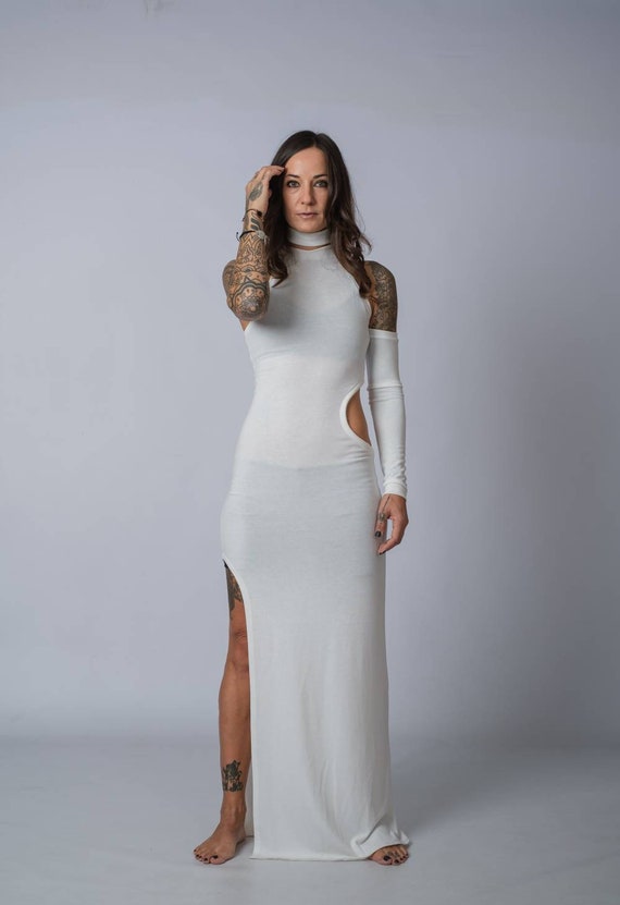 Buy NEW Side Split Maxi Dress Turtleneck Cold Shoulder Full Dress