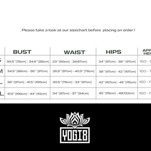 May include: Size chart for clothing with measurements in inches and centimeters. The chart includes sizes XS, S/M, M/L, and L/XL with corresponding bust, waist, hip, and approximate height measurements.
