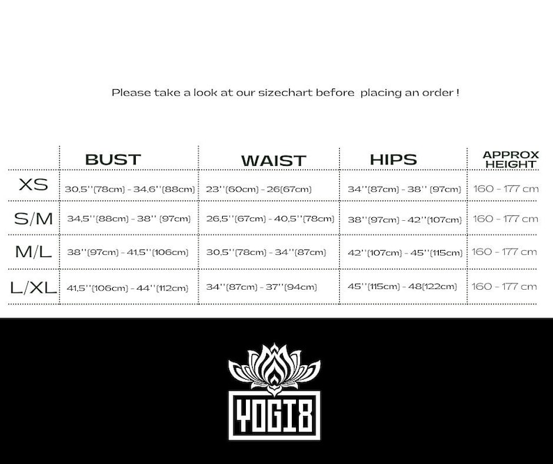 May include: Size chart for clothing with measurements in inches and centimeters. The chart includes sizes XS, S/M, M/L, and L/XL with corresponding bust, waist, hip, and approximate height measurements.