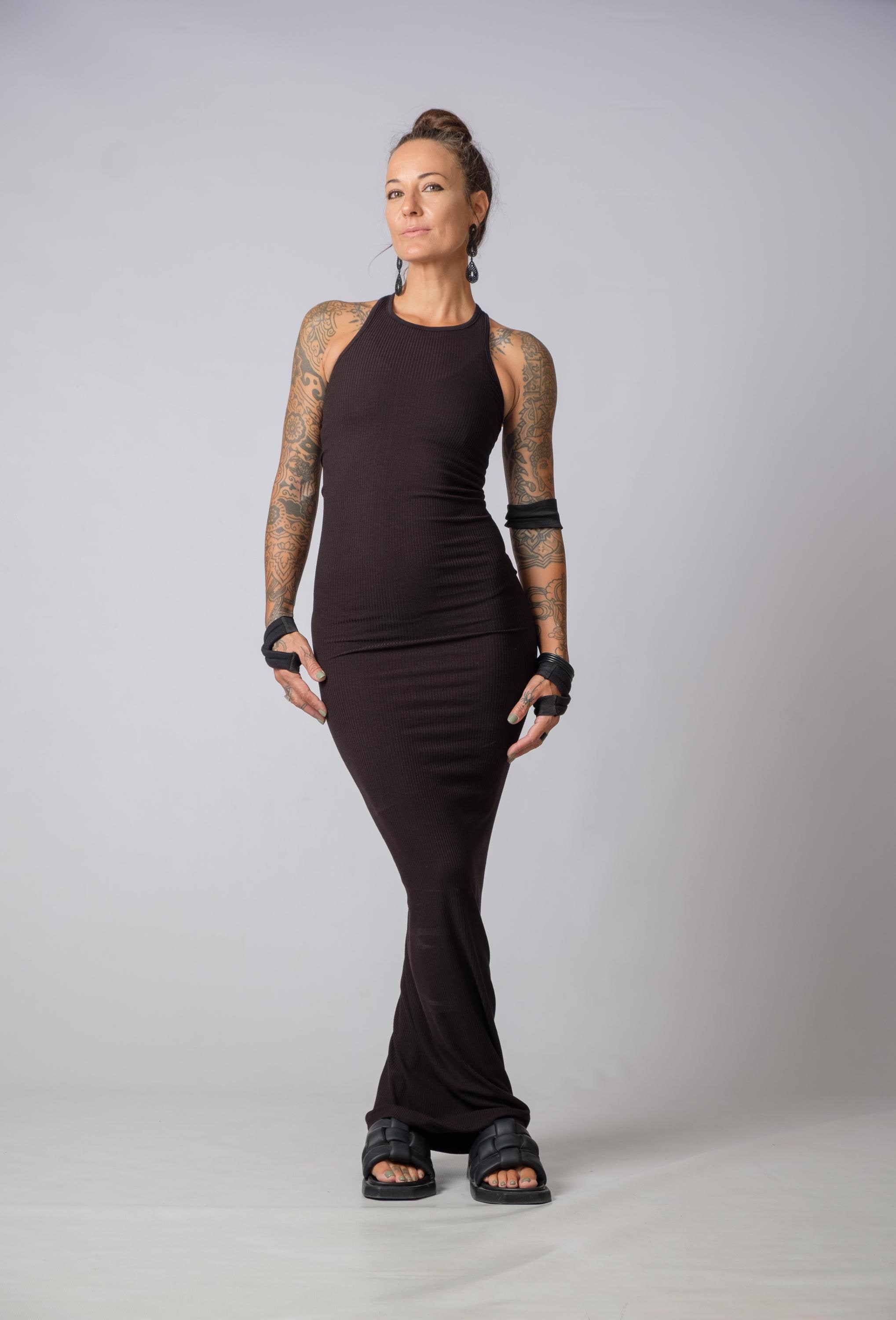 bodycon racer dress Olive Cotton Ribbed Foldover Off Shoulder Long Sleeve Bodycon Romper –  Aquarius Brand main image 0