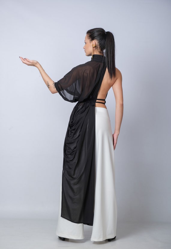 Extravagant Black Sheer Cape Tunic/mesh Asymmetric Long Top