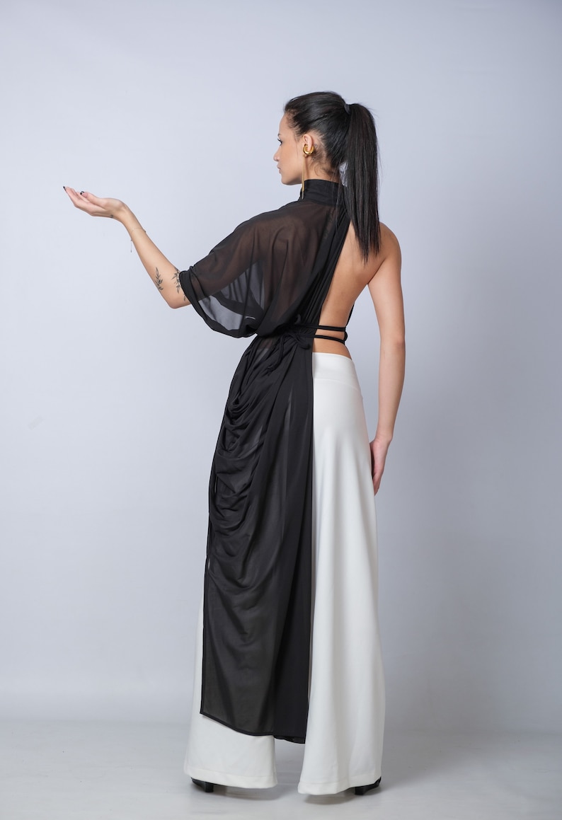 Extravagantes schwarzes durchsichtiges Cape Tunika/Asymmetrisches langes Top/Transparenter Umhang/Turtleneck Bluse/Elegantes rückenfreies Top/Luxus Abend Capelet Bild 10