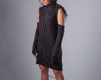 Black cold shoulder dress/Long sleeve cyberpunk dress/Loose black dress