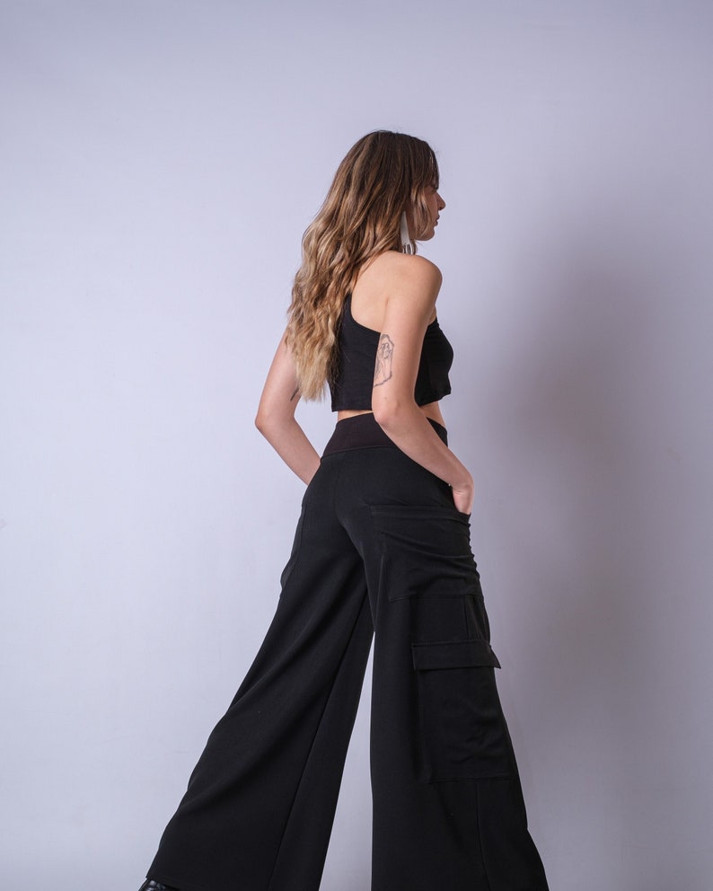 High Waist Black Loose Wide Leg Pants/Extravagant High Rise Palazzo Pants/Cyberpunk Black Cargo Style Trousers image 1