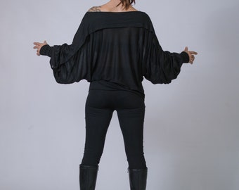 Oversized off the shoulder top/Womens casual loose blouse/Batwing sleeve tunic blouse/Draped long sleeve top