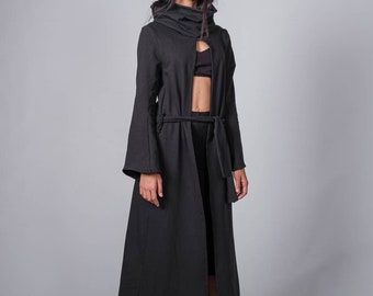 Women's Loose Cotton Trench Coat/Extravagant Long Jacket/Long Collar Top/Black Maxi Tunic/Plus Size Coat/Avant Garde Clothing