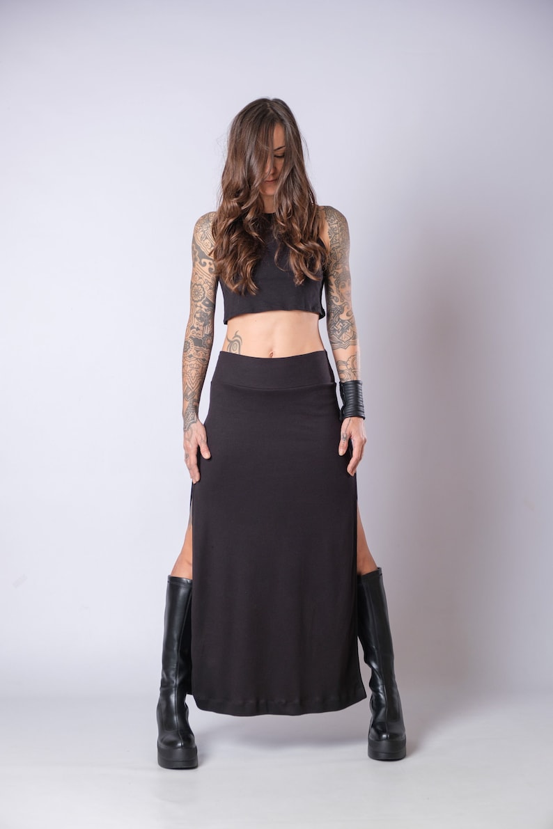 Women's Black High Waisted Soft Heavy Cotton Skirt/Elegant Maxi Skirt With Side Splits/Fitted Black Slit Skirt image 1