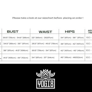 May include: Size chart for clothing with measurements in inches and centimeters. The chart includes sizes XS, S/M, M/L, and L/XL with corresponding bust, waist, hip, and approximate height measurements.