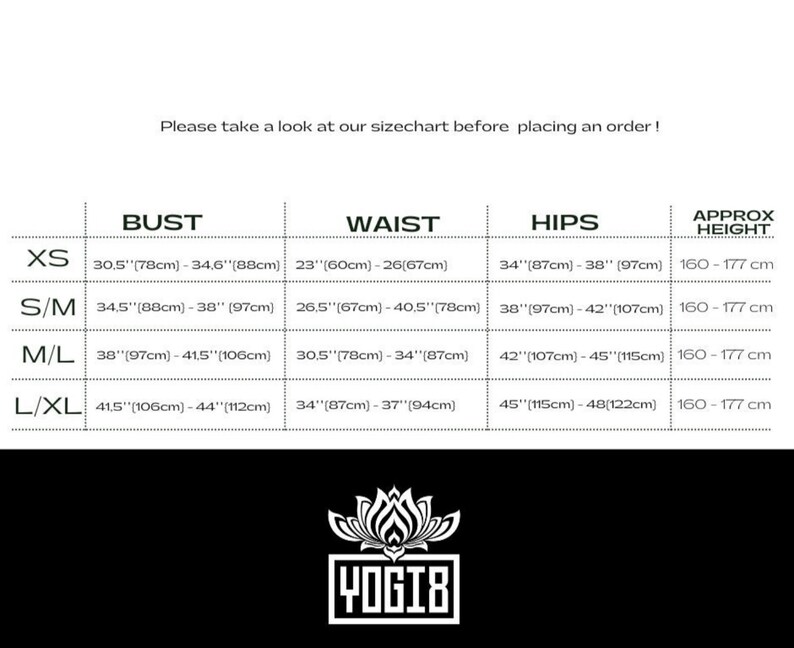 May include: Size chart for clothing with measurements in inches and centimeters. The chart includes sizes XS, S/M, M/L, and L/XL with corresponding bust, waist, hip, and approximate height measurements.