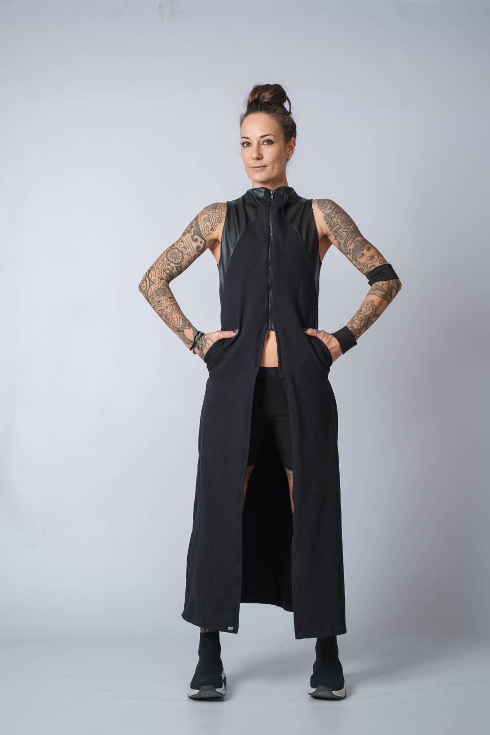 最終決算 Split Side Vest/ Midi Sleeveless Black Elegant Vest Faux , トップス