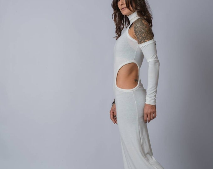NEW Side split maxi dress/ Turtleneck cold shoulder full dress /Futuristic women's dress