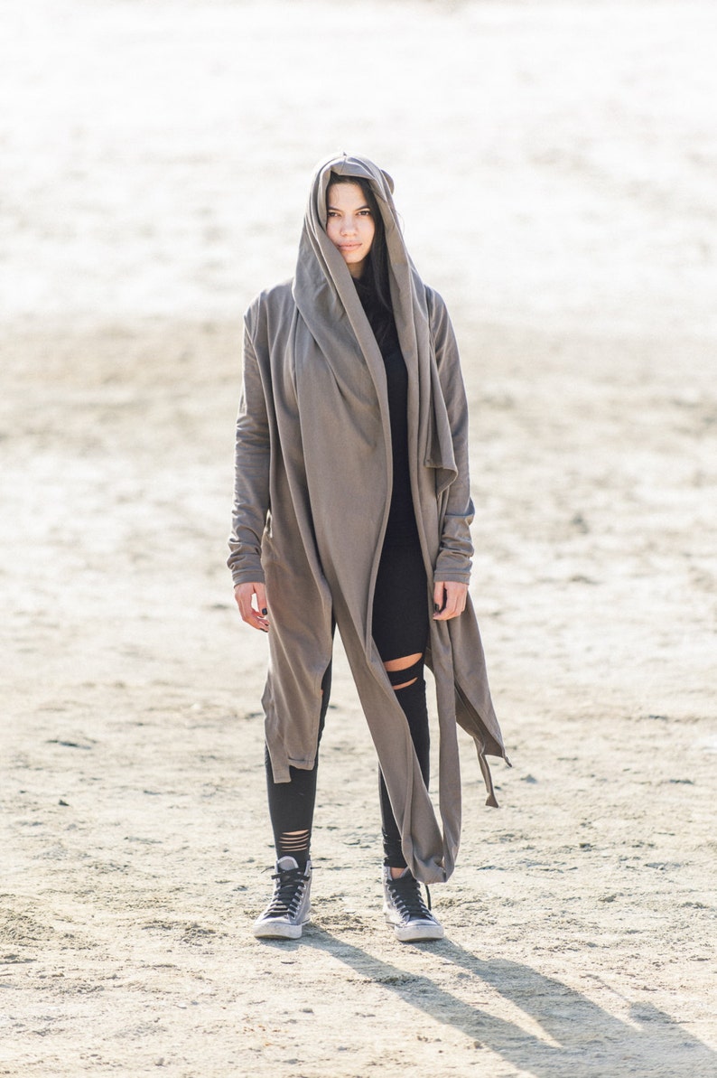 Futuristic Asymmetrical Hooded Jacket/Cyberpunk Jacket With Scarf/Women's Heavy Cotton Cardigan/Futuristic Clothing image 3