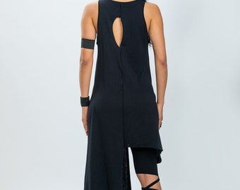 Asymmetric Backless Tank Dress: Edgy Cyberpunk Cotton