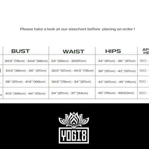 May include: Size chart for clothing with measurements in inches and centimeters. The chart includes sizes XS, S/M, M/L, and L/XL with corresponding bust, waist, hip, and approximate height measurements.