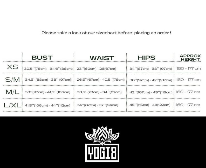 May include: Size chart for clothing with measurements in inches and centimeters. The chart includes sizes XS, S/M, M/L, and L/XL with corresponding bust, waist, hip, and approximate height measurements.