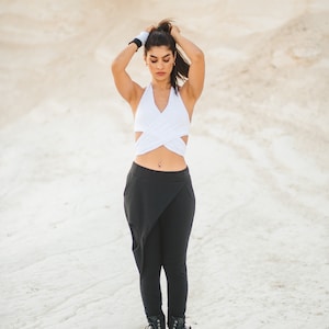 Comfortable handmade black yoga pants with skirt detail and loose fit street fashion