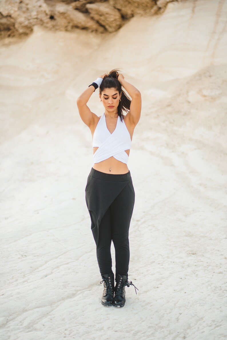 Comfortable handmade black yoga pants with skirt detail and loose fit street fashion