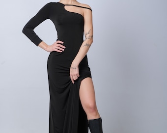 One Shoulder Black Maxi Dress: Asymmetric Slit Evening Gown