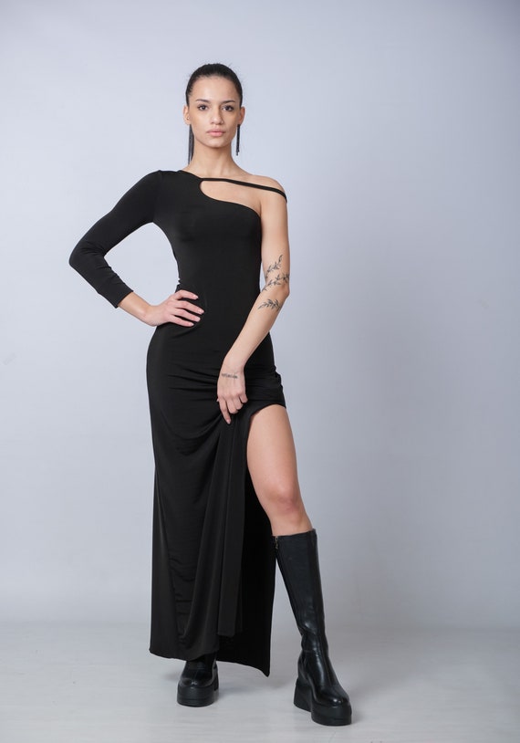 One Shoulder Dress/asymmetric Black Dress/cocktail Slit Gown