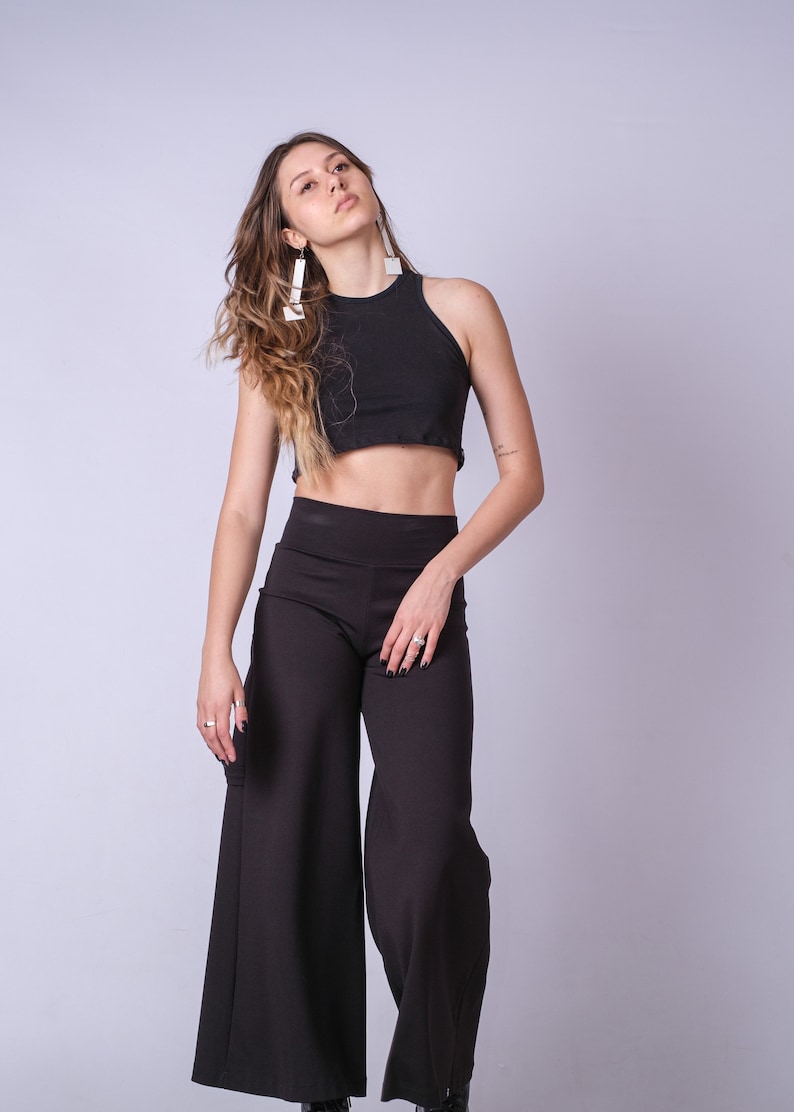 High Waist Black Loose Wide Leg Pants/Extravagant High Rise Palazzo Pants/Cyberpunk Black Cargo Style Trousers image 7