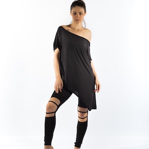 Asymmetric  Loose Top With Short Sleeves/Black Tunic Top/Oversized T Shirt/Off Shoulder Blouse/Minimalist Clothing/Casual Loose Blouse