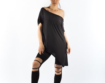 Asymmetric  Loose Top With Short Sleeves/Black Tunic Top/Oversized T Shirt/Off Shoulder Blouse/Minimalist Clothing/Casual Loose Blouse