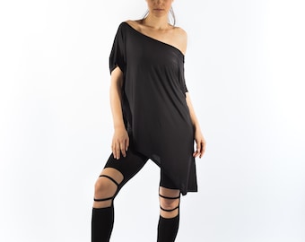 Asymmetric Black Tunic Top: Oversized Off-Shoulder Cotton Blouse