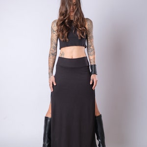 Women's Black High Waisted Soft Heavy Cotton Skirt/Elegant Maxi Skirt With Side Splits/Fitted Black Slit Skirt image 7