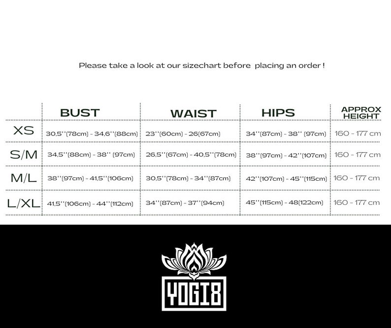 May include: Size chart for clothing with measurements in inches and centimeters. The chart includes bust, waist, hips, and approximate height measurements for sizes XS, S/M, M/L, and L/XL.