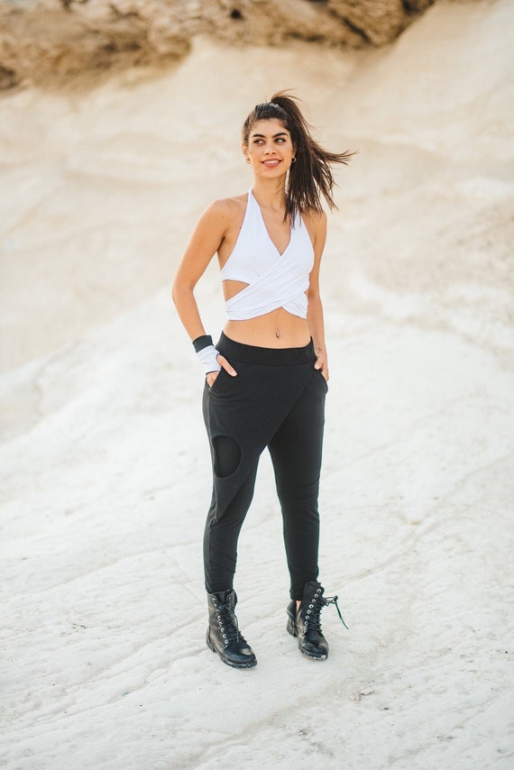 Black Relaxed Cotton Casual Pants – Unisex Yoga Pants with Skirt, Soft Handmade Trousers