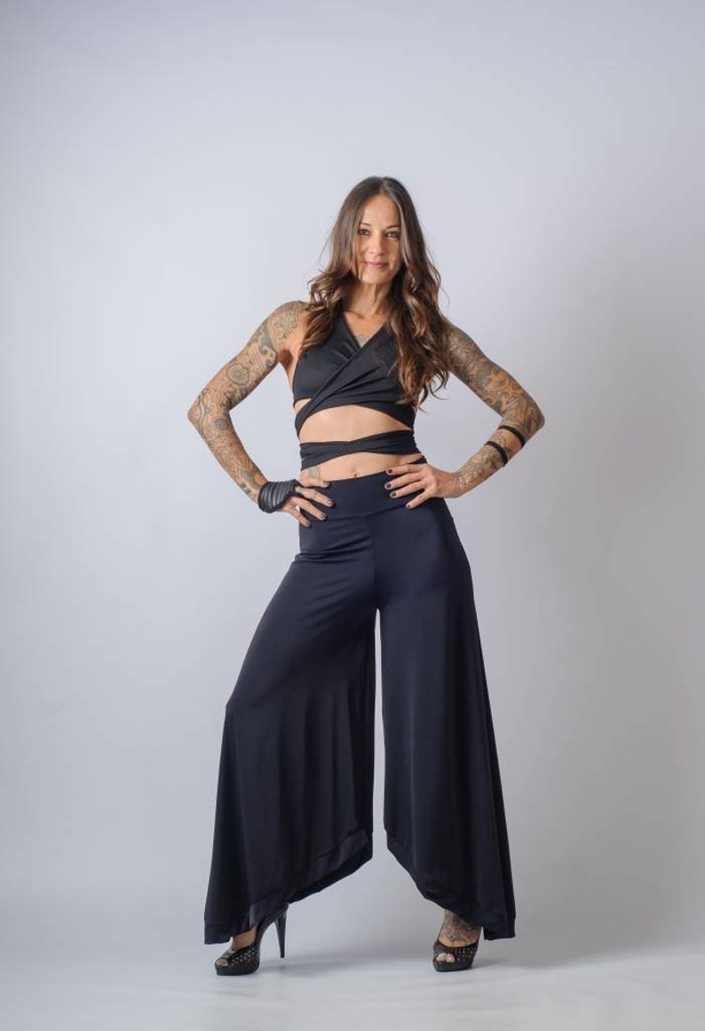 Extravagant high waist wide leg pants/Women's casual palazzo pants/Asymmetric loose pants image 9