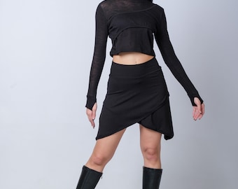 Black Asymmetric Mini Skirt/Summer Wrap Short Skirt/Soft Stretchy Fabric/Comfortable and Stylish/Bodycon Party Skirt/Capsule Wardrobe/Y2K