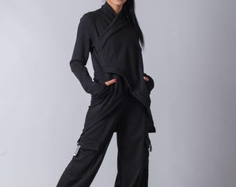 Women's Baggy Cargo Pants – Techwear Cotton Joggers, Loose Black Sweatpants, Soft Loungewear Trousers