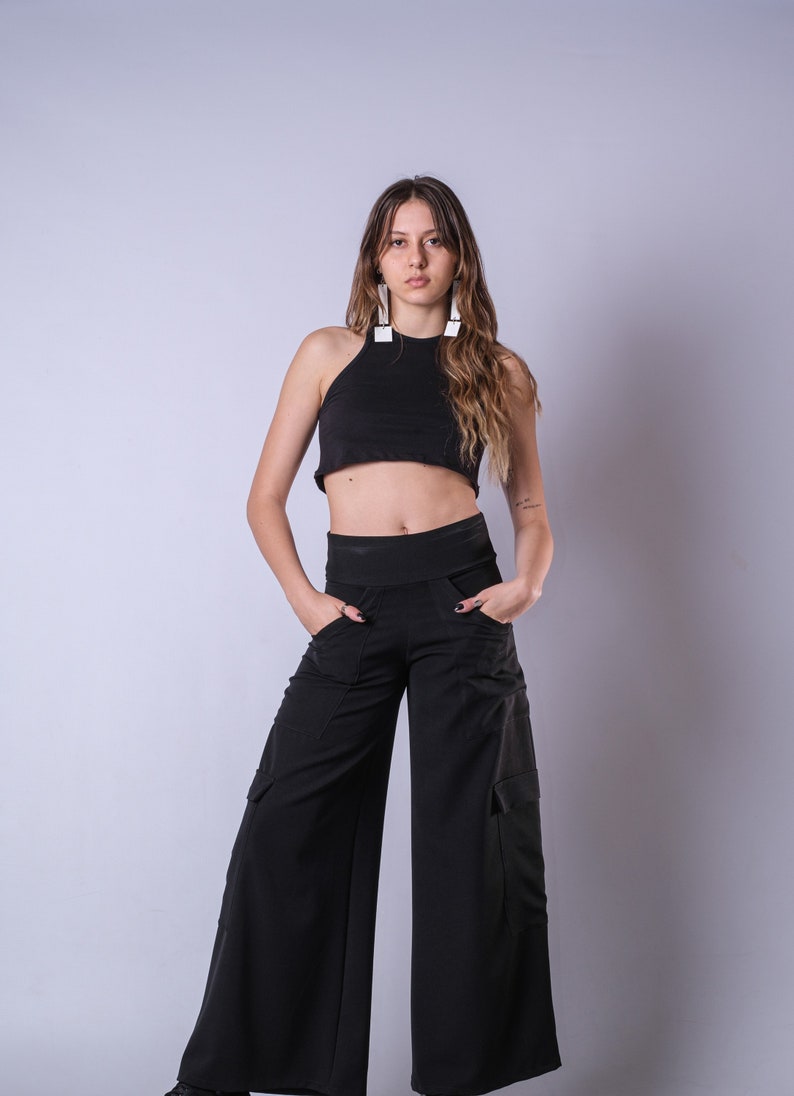 High Waist Black Loose Wide Leg Pants/Extravagant High Rise Palazzo Pants/Cyberpunk Black Cargo Style Trousers image 3