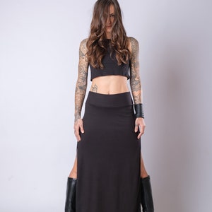 Women's Black High Waisted Soft Heavy Cotton Skirt/Elegant Maxi Skirt With Side Splits/Fitted Black Slit Skirt image 2