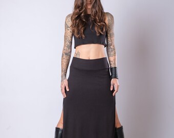 Women's Black High Waisted Soft Heavy Cotton Skirt/Elegant Maxi Skirt With  Side Splits/Fitted Black Slit Skirt