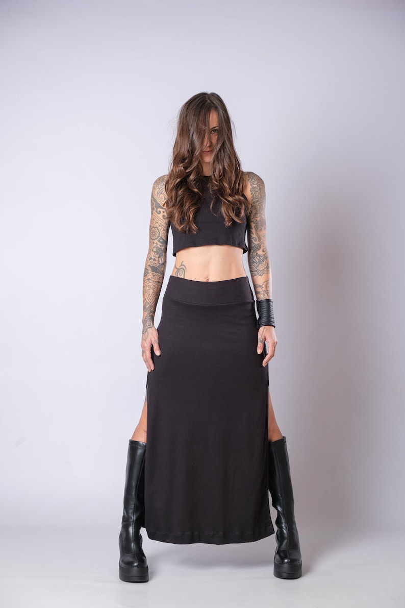 Women's Black High Waisted Soft Heavy Cotton Skirt/Elegant Maxi Skirt With Side Splits/Fitted Black Slit Skirt image 2