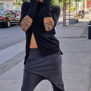 Black Asymmetric Long Sleeves Hooded Sweatshirt/Post Apocalyptic Hooded Sweater With Thumb Holes/New Cyberpunk Style Cotton Zip Hoodie