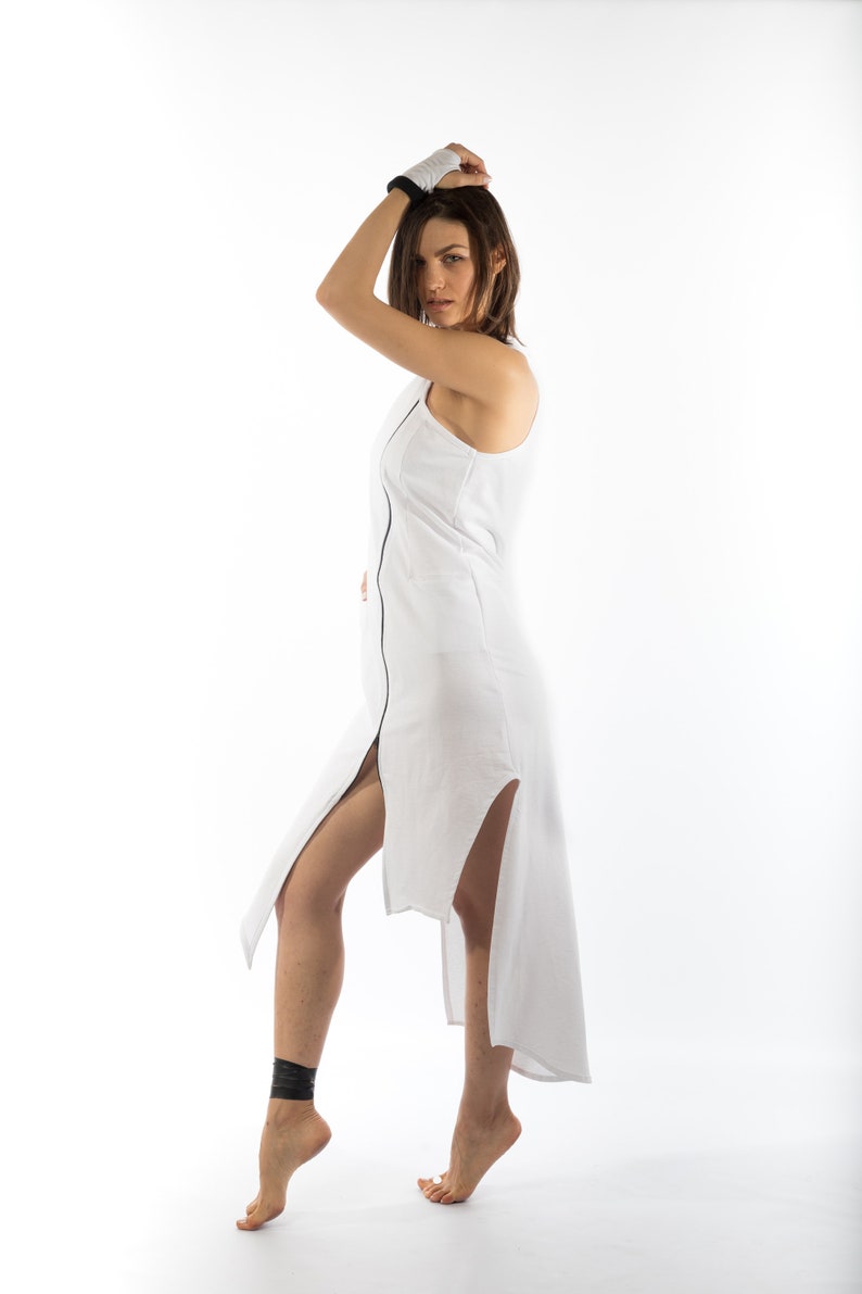 sleeveless front zipper asymmetric dress/halter sports back side splits casual dress image 3