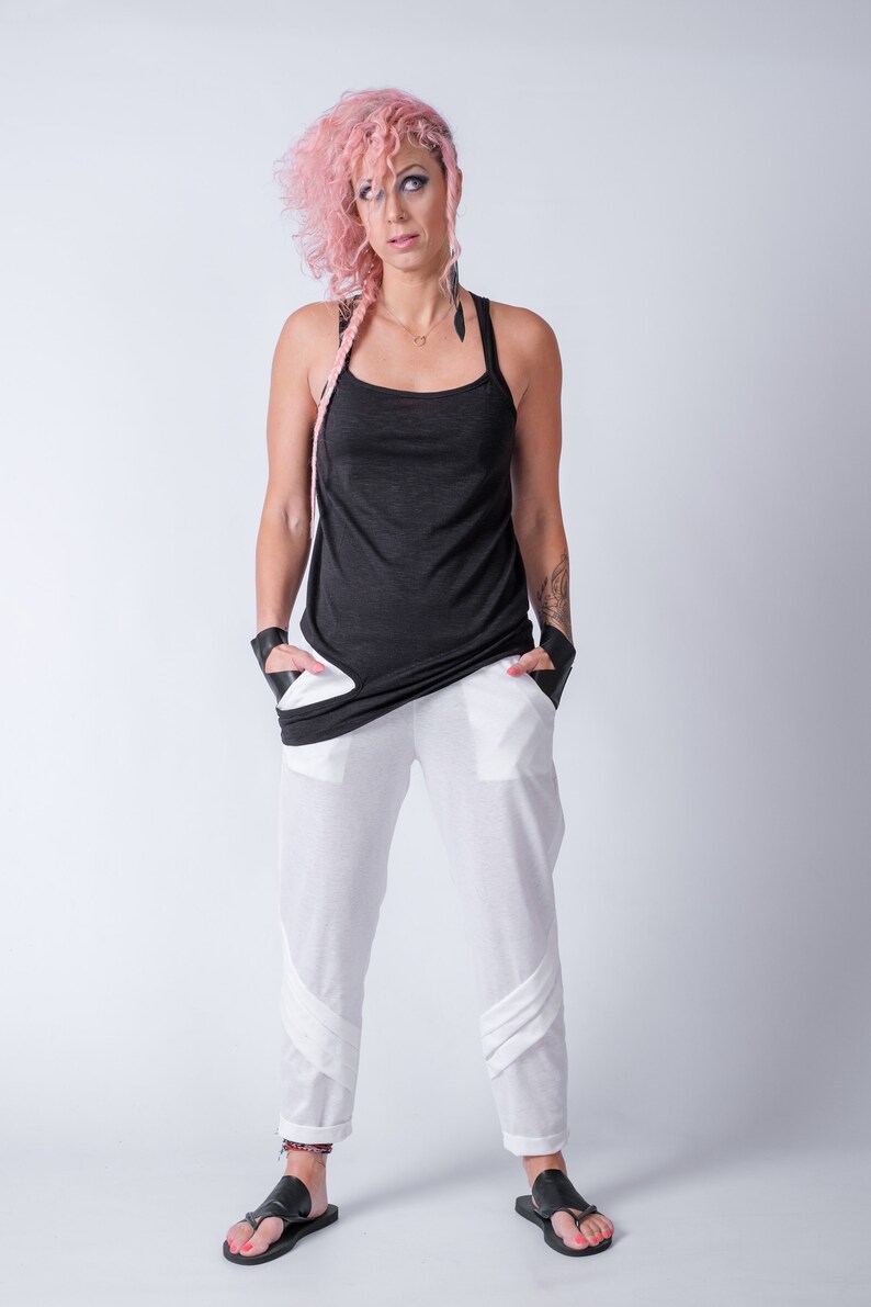 Women's cotton straight leg pants/Everyday Pleated Ankle Pants/Women's White Cyberpunk Style Pants image 2