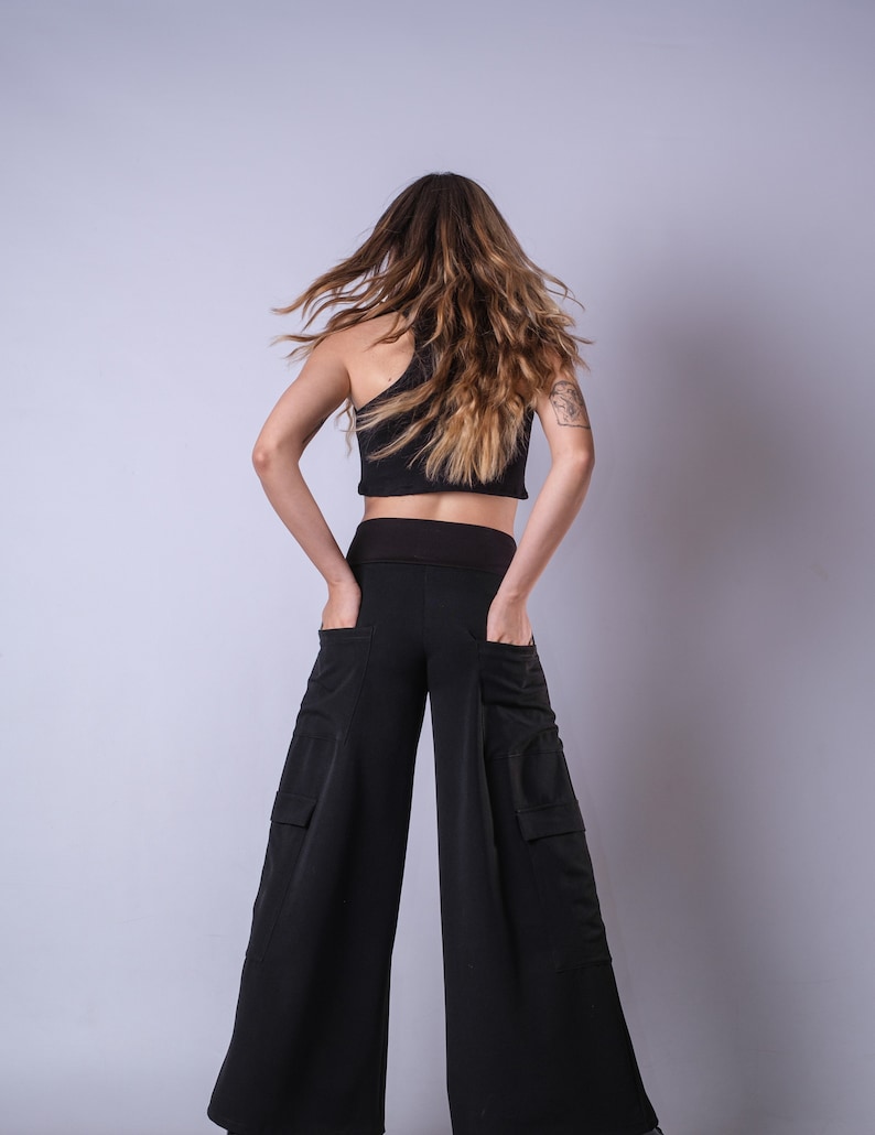 High Waist Black Loose Wide Leg Pants/Extravagant High Rise Palazzo Pants/Cyberpunk Black Cargo Style Trousers image 8